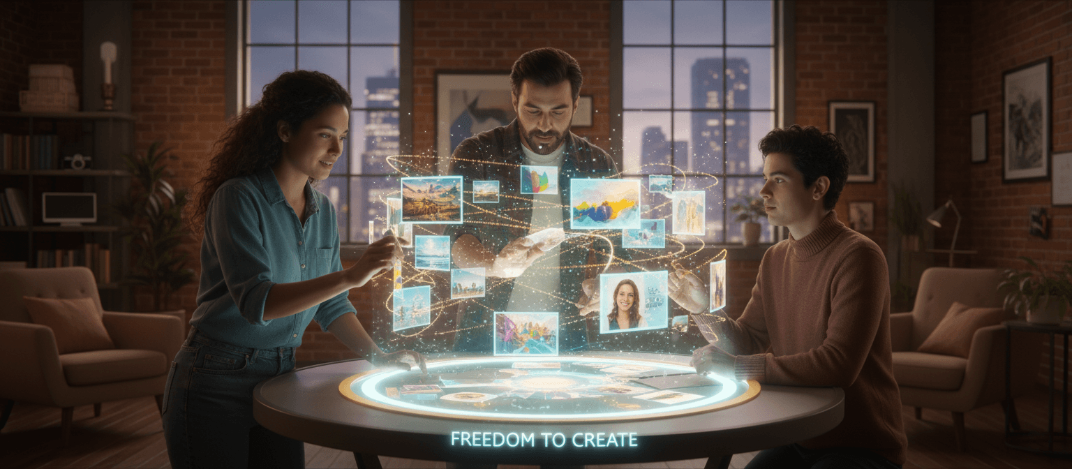 다양한 창작자들이 함께 작업 공간에 무료 이미지를 투사하는 빛나는 인터페이스를 공동으로 탐색하며, 공동체적 무료 이미지 사이트를 나타냅니다.