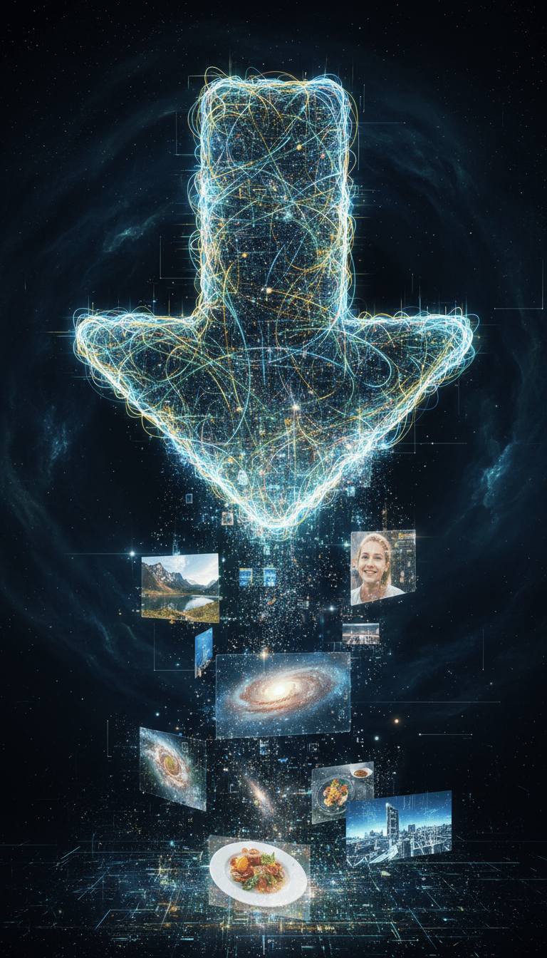 다운로드 아이콘을 형성하는 빛나는 데이터 라인에서 고해상도 이미지가 나타나, 무료 이미지에 대한 쉬운 접근성을 상징합니다.