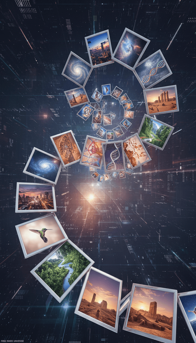 다양한 주제의 이미지 프레임이 얽혀 무한한 고리를 형성하여 무료 이미지 사이트가 제공하는 무한한 가능성을 강조한다.