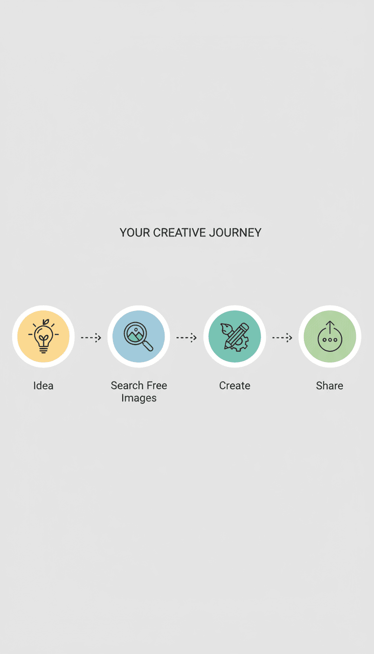 '아이디어'에서 시작하여 '무료 이미지 검색', '제작', '공유'로 이어지는 사용자 여정을 보여주는 간단한 인포그래픽.