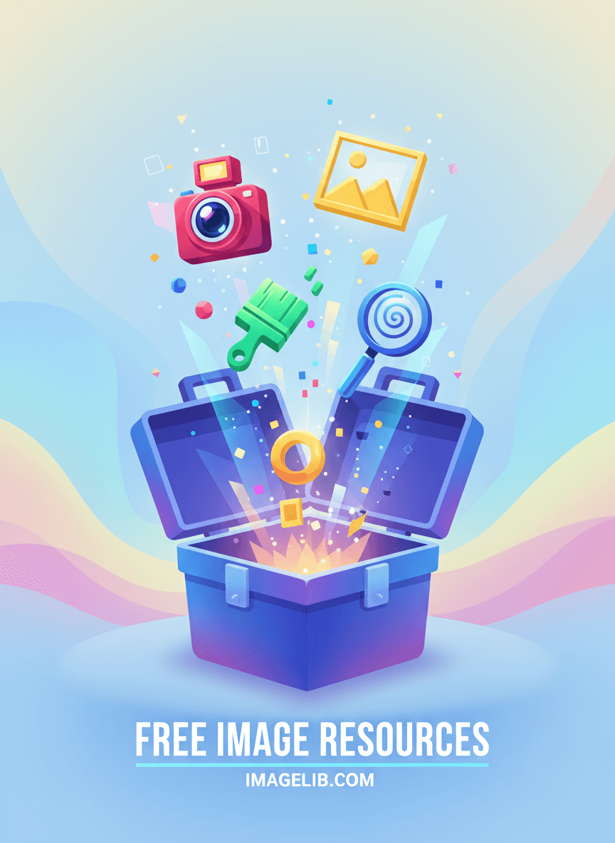 다양한 이미지 관련 아이콘들이 가득한 디지털 도구 상자가 열려 무료 이미지 사이트의 자원을 표현한다.