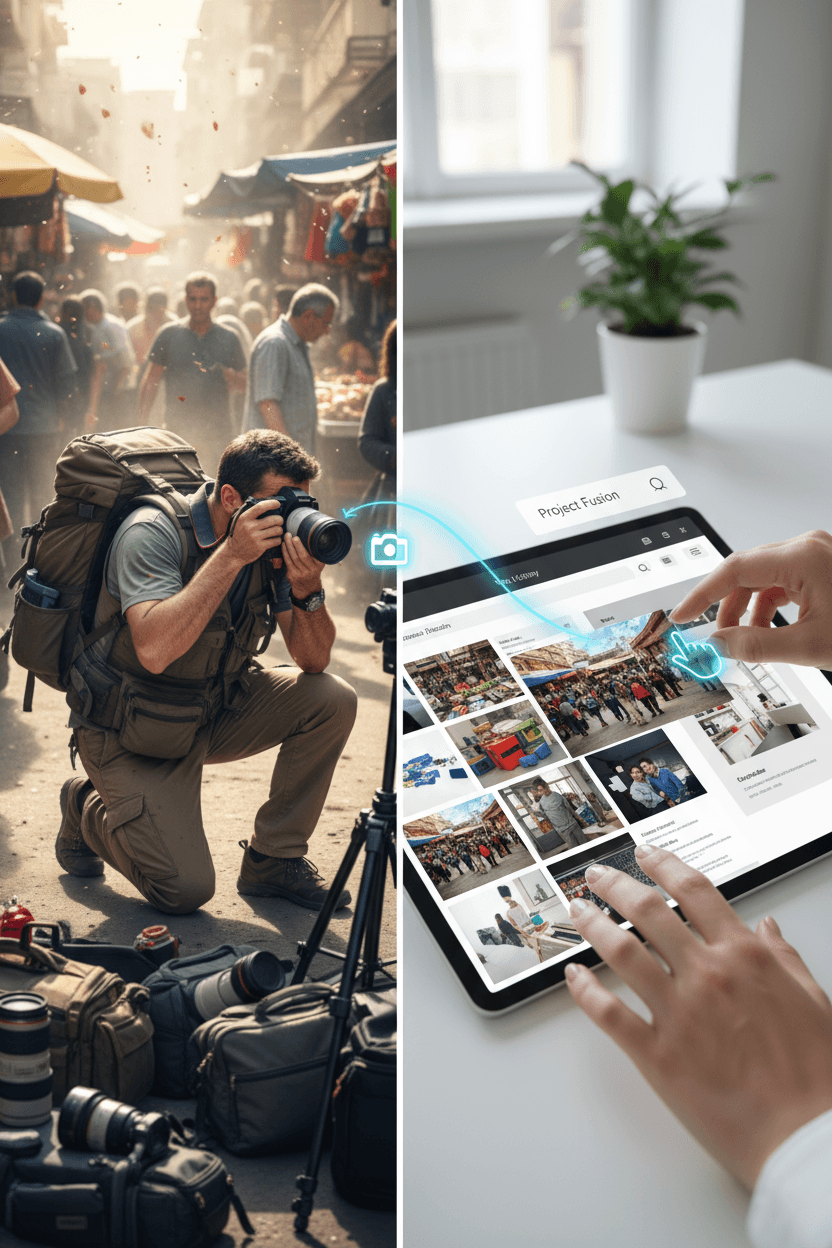 사진작가가 사진을 찍는 모습과 디자이너가 온라인 갤러리에서 해당 이미지를 사용하여 창작 프로젝트에 활용하는 모습을 보여주는 분할 이미지로, 무료 이미지 사이트를 설명합니다.