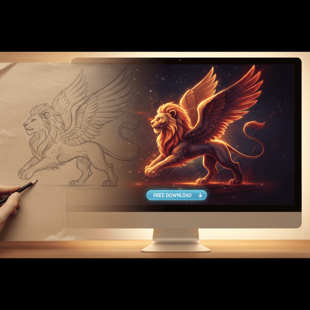 거친 스케치에서 고품질 디지털 이미지로 부드럽게 전환되는 모습으로 무료 다운로드 버튼이 통합되어, 아이디어가 바로 사용 가능한 시각 자료로 변환됨을 나타냅니다.