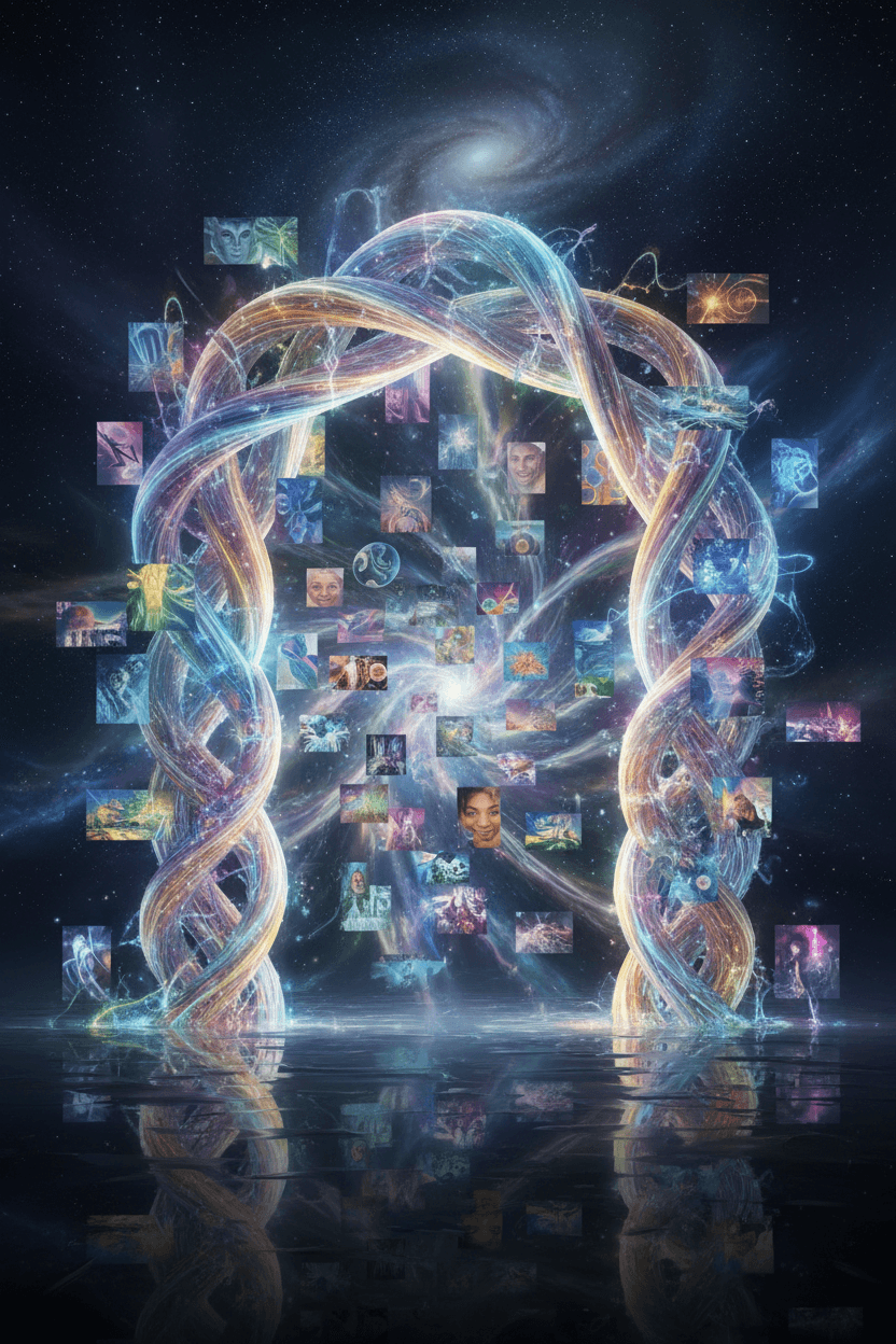 빛나는 열린 문이 아름다운 이미지의 소용돌이치는 우주로 이어져 무료 이미지 사이트의 무한한 창의적 가능성을 상징합니다.