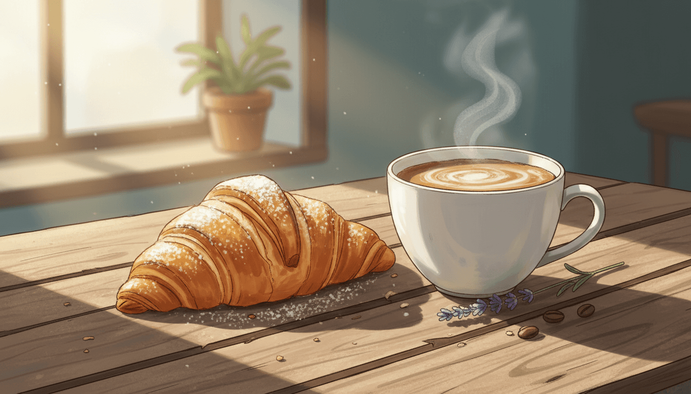 아침 햇살을 받은 소박한 나무 테이블 위의 갓 구운 크루아상과 커피 음식 일러스트.