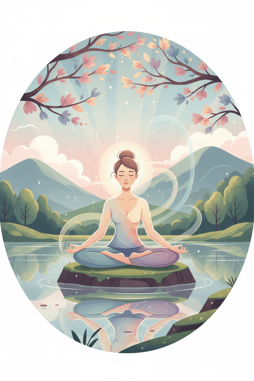 고요한 자연 속에서 명상하는 사람을 묘사한 건강 및 웰니스 일러스트.
