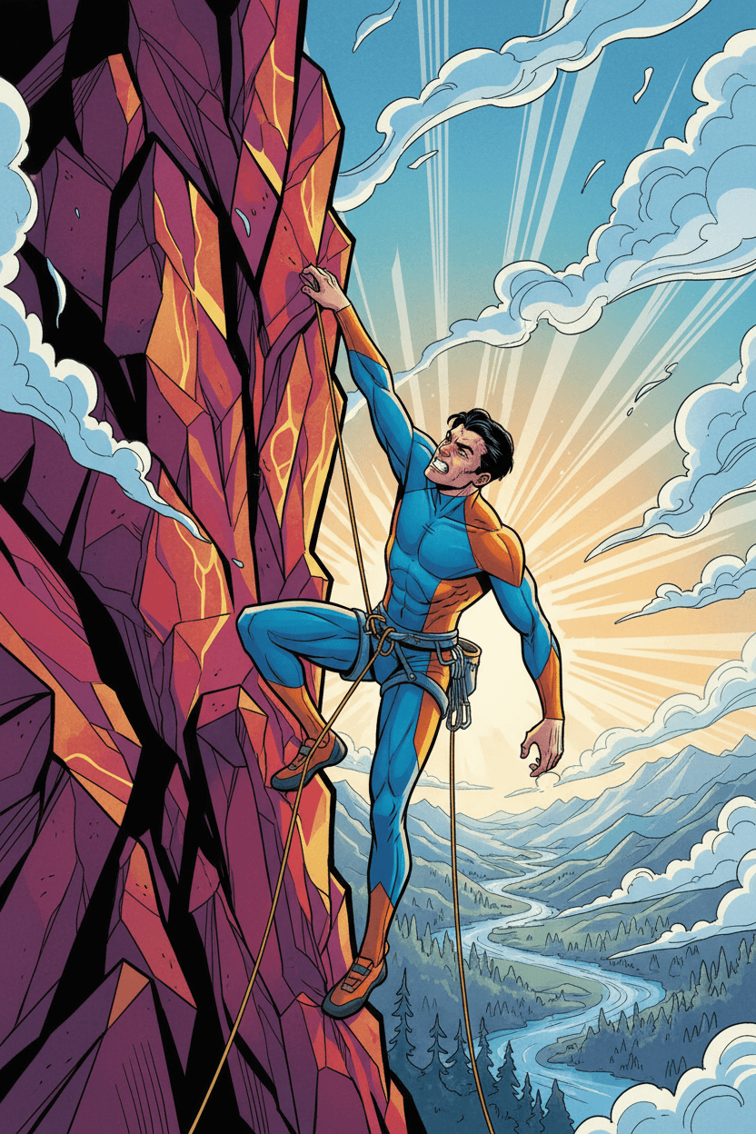 암벽 등반하는 사람을 그린 역동적인 일러스트레이션, 결단력을 상징함.