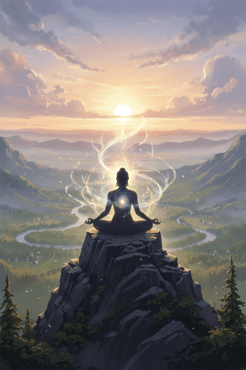 산 정상에서 명상하는 사람을 묘사한 평화로운 일러스트레이션.