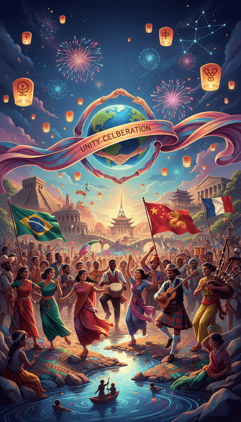 다양한 문화 요소를 가진 사람들이 글로벌 이벤트를 축하하는 활기찬 디지털 일러스트레이션.