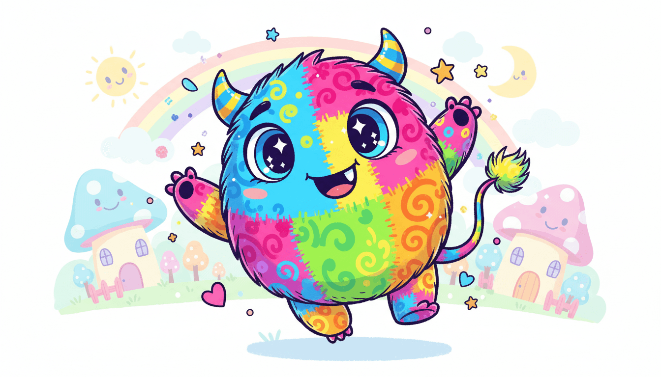 행복한 작은 괴물 캐릭터를 그린 귀여운 만화 일러스트.
