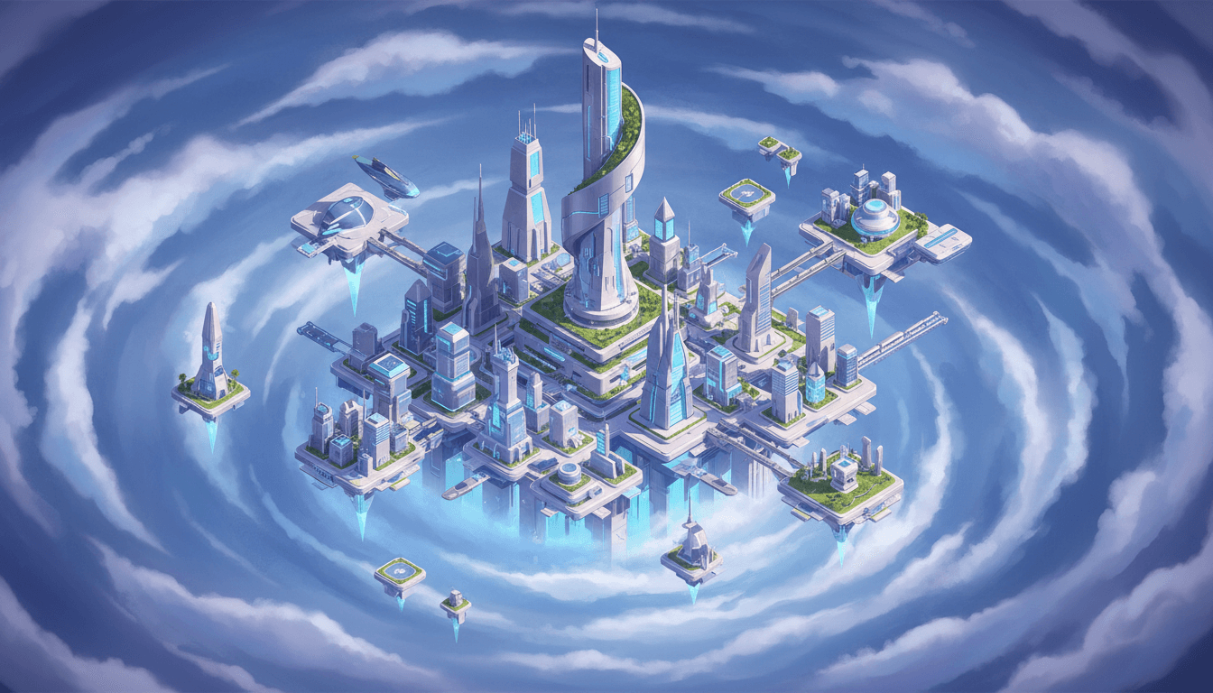 구름 위에 떠 있는 미래 도시를 묘사한 등각 투영 일러스트.