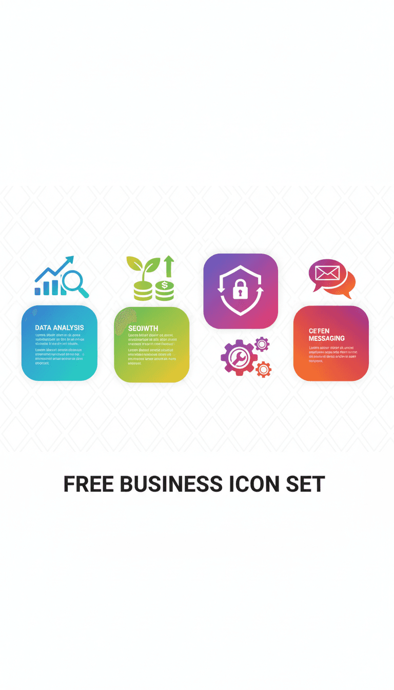 데이터 분석, 성장, 보안, 설정, 메시징을 나타내는 다채로운 인포그래픽 아이콘.