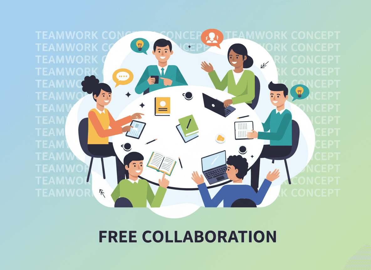 테이블에서 협업하는 다양한 사람들을 그린 현대적인 플랫 디자인 일러스트.