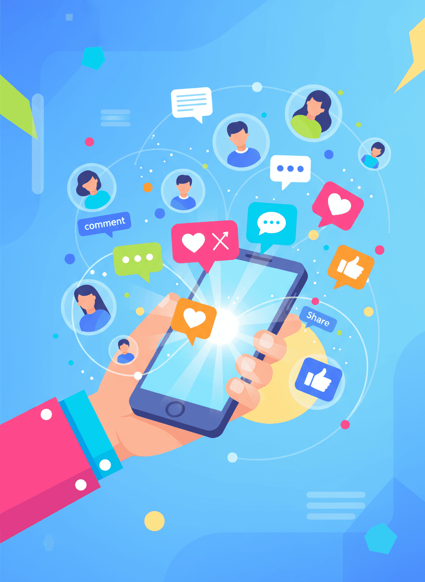 말풍선과 사용자 프로필로 소셜 미디어 참여를 나타내는 일러스트레이션.