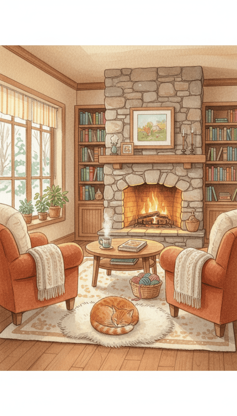벽난로와 고양이가 있는 아늑한 거실 인테리어 일러스트레이션.