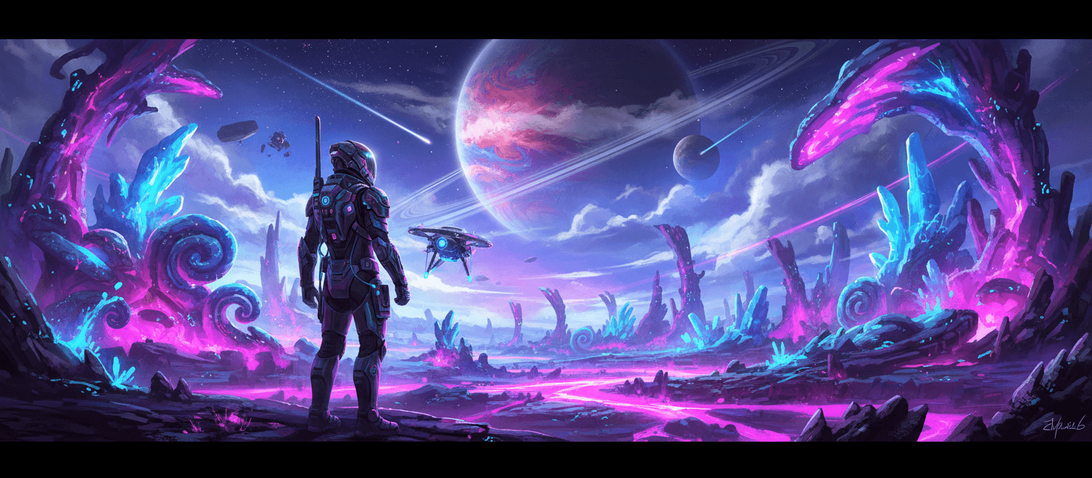 외계 행성을 탐험하는 사람을 그린 공상 과학 콘셉트 일러스트.