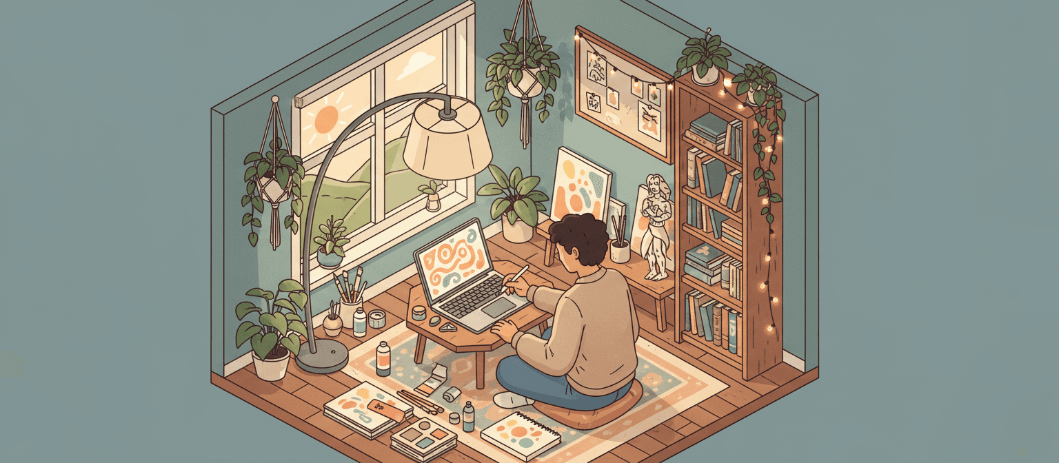 식물이 있는 스튜디오에서 창의적으로 작업하는 사람을 묘사한 아이소메트릭 일러스트레이션.