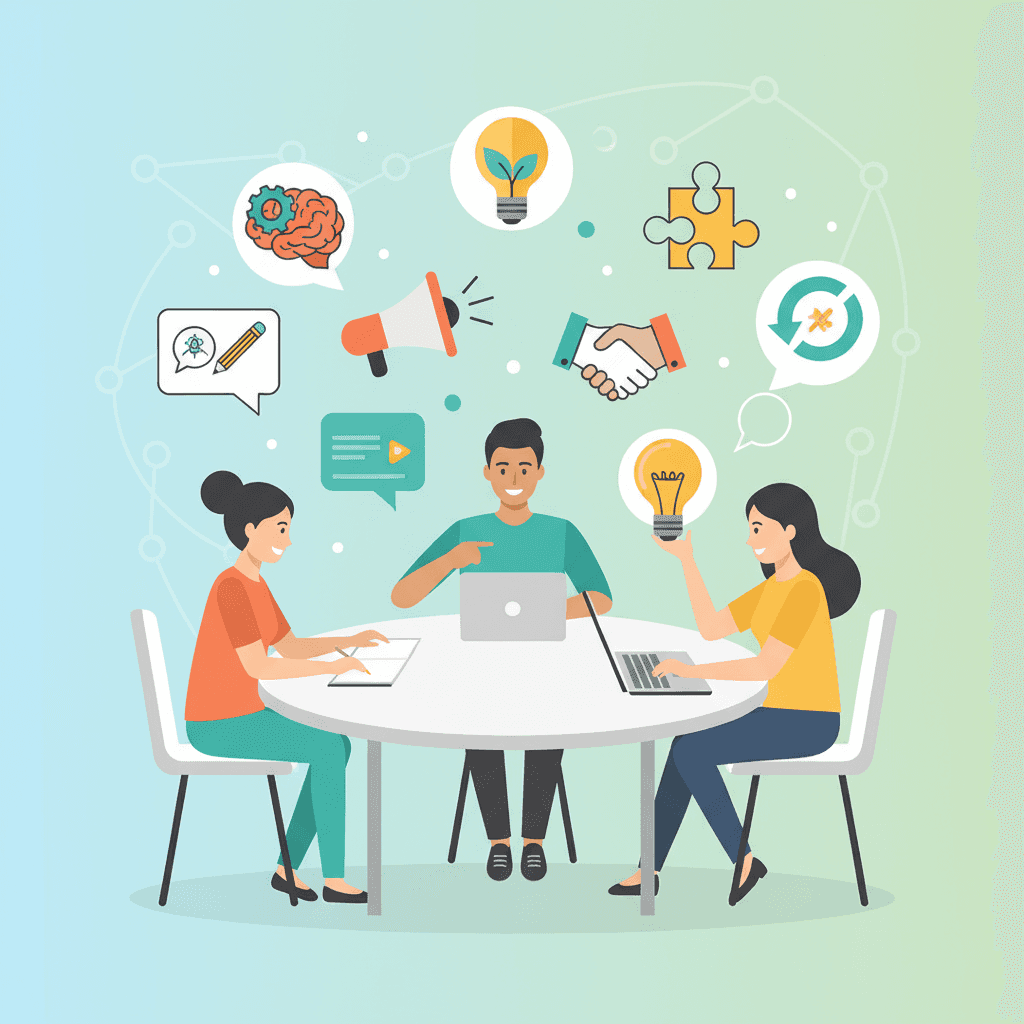 다양한 사람들이 창의성과 팀워크 아이콘에 둘러싸여 협업하는 플랫 디자인 일러스트.