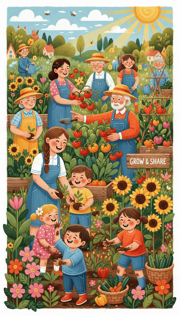 다양한 연령대의 사람들이 함께 공동체 정원을 가꾸는 모습을 그린 활기차고 즐거운 일러스트레이션.