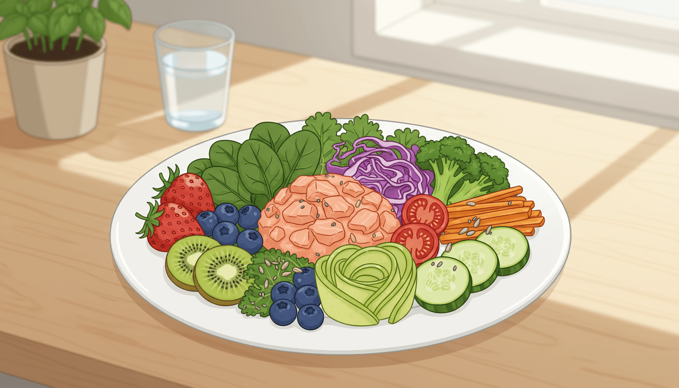 접시에 놓인 건강한 음식들을 그린 밝고 매력적인 일러스트레이션.