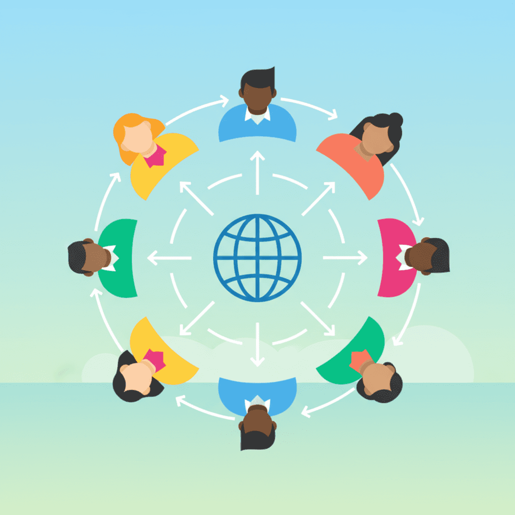 다양한 사람들이 협력하는 미니멀리스트 벡터 일러스트레이션.