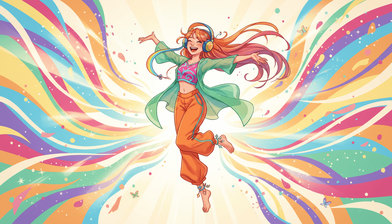 헤드폰을 쓰고 즐겁게 춤추는 웃는 젊은 여성 캐릭터 일러스트.