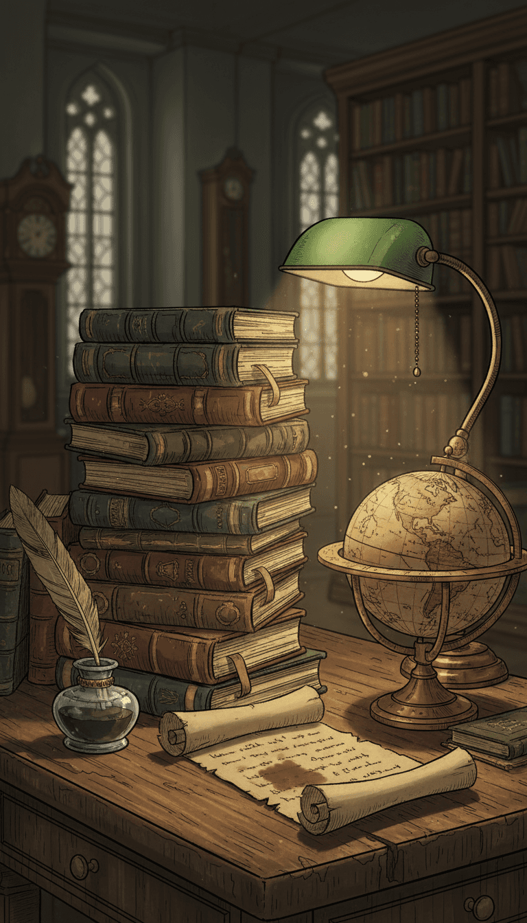 오래된 책 더미, 깃털 펜, 앤티크 지구본이 나무 책상 위 램프 불빛에 비추어진 다크 아카데미아 일러스트.