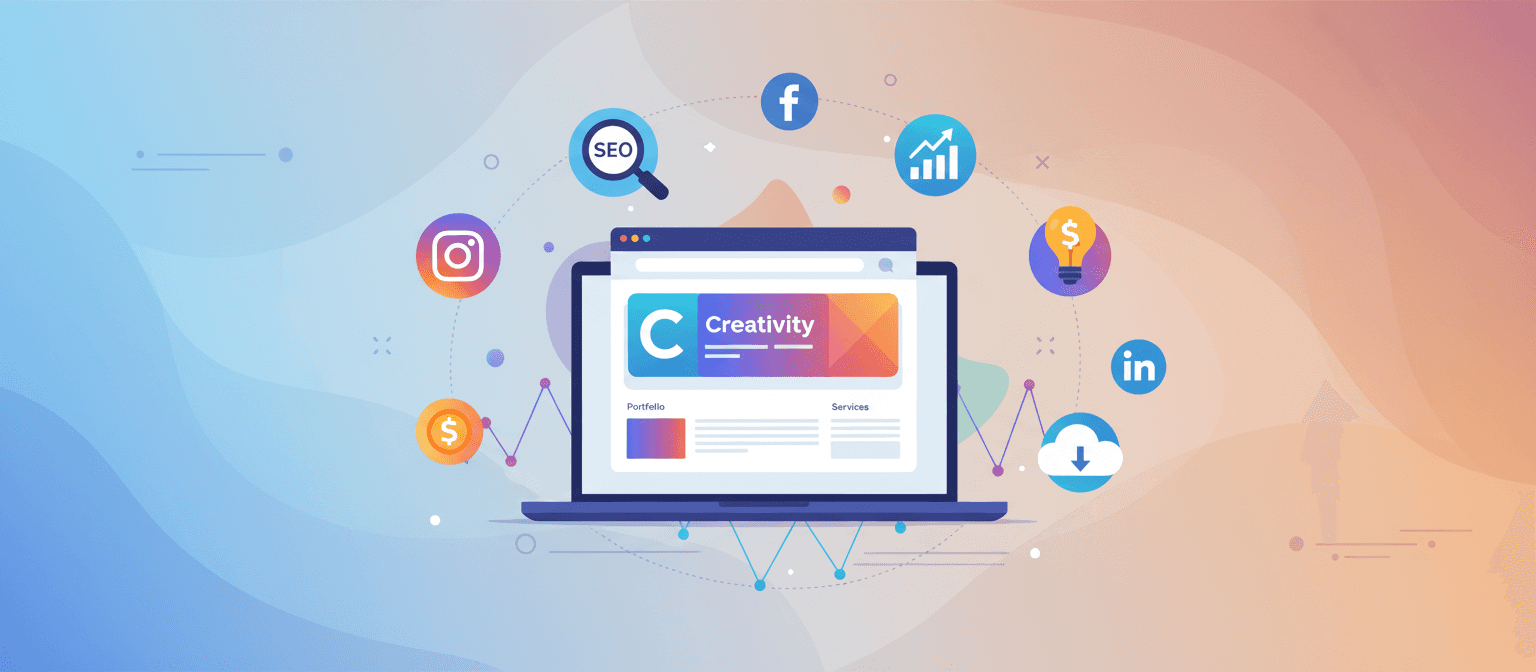 노트북, 웹사이트, 소셜 미디어 아이콘이 포함된 디지털 마케팅 일러스트레이션.