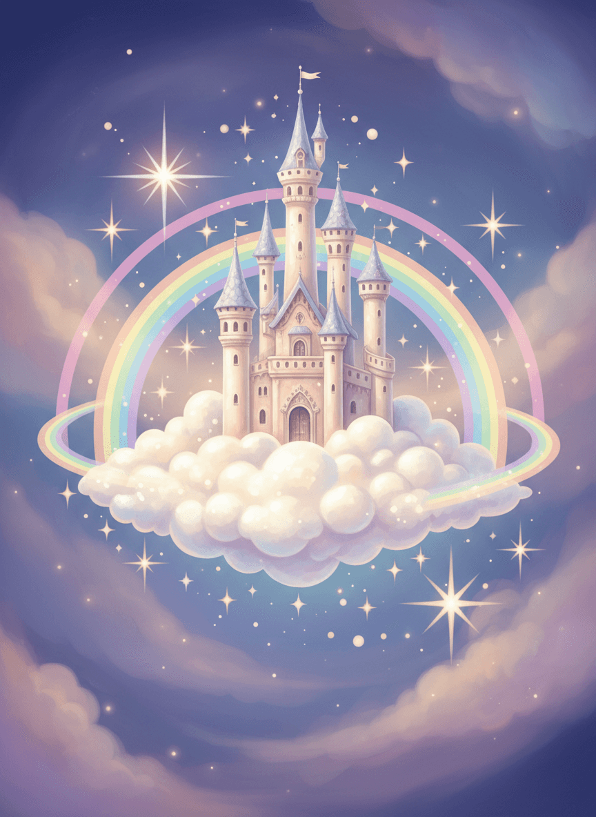 구름 위에 떠 있는 성의 기발한 판타지 일러스트레이션.