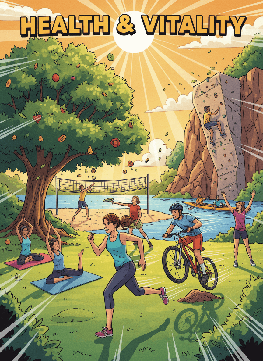 야외에서 운동하고 스포츠를 즐기는 사람들의 역동적인 일러스트레이션.