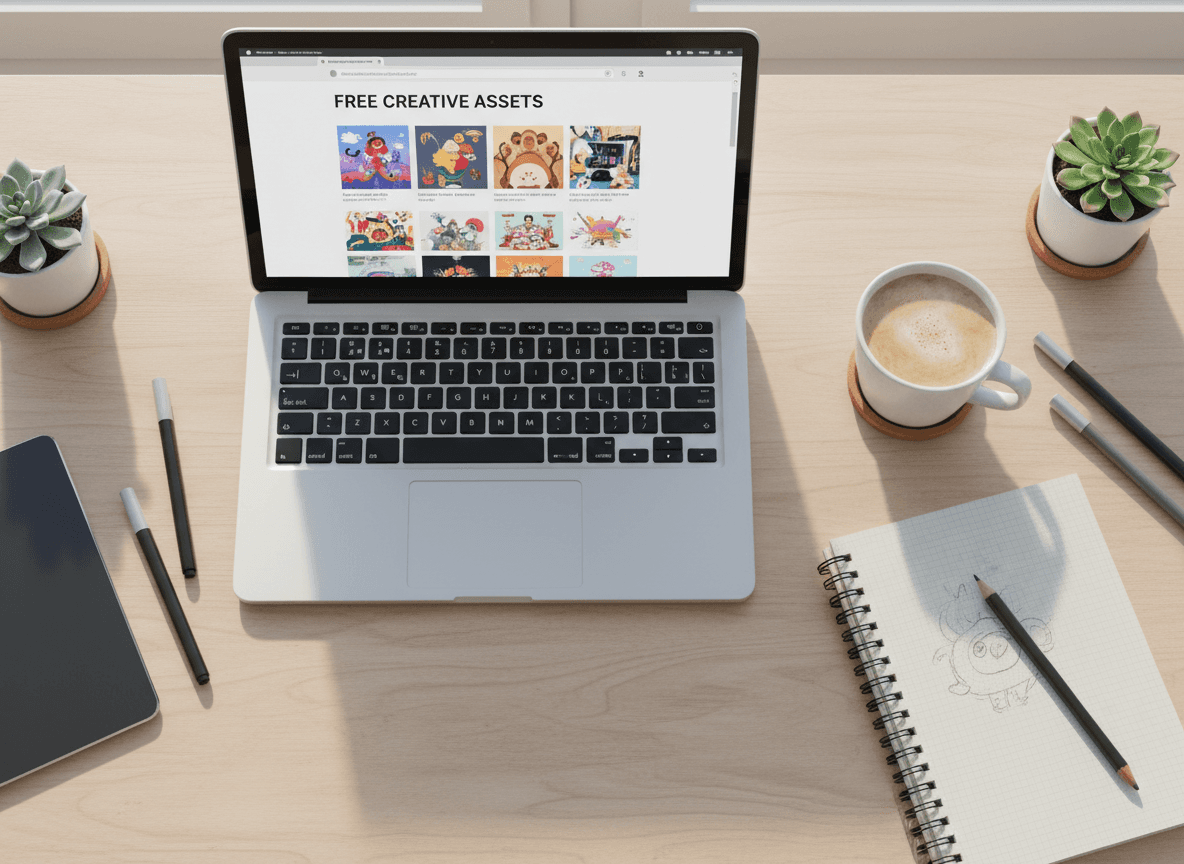 무료 일러스트 웹사이트를 보여주는 노트북이 놓인 책상의 오버헤드 뷰, 영감을 상징.