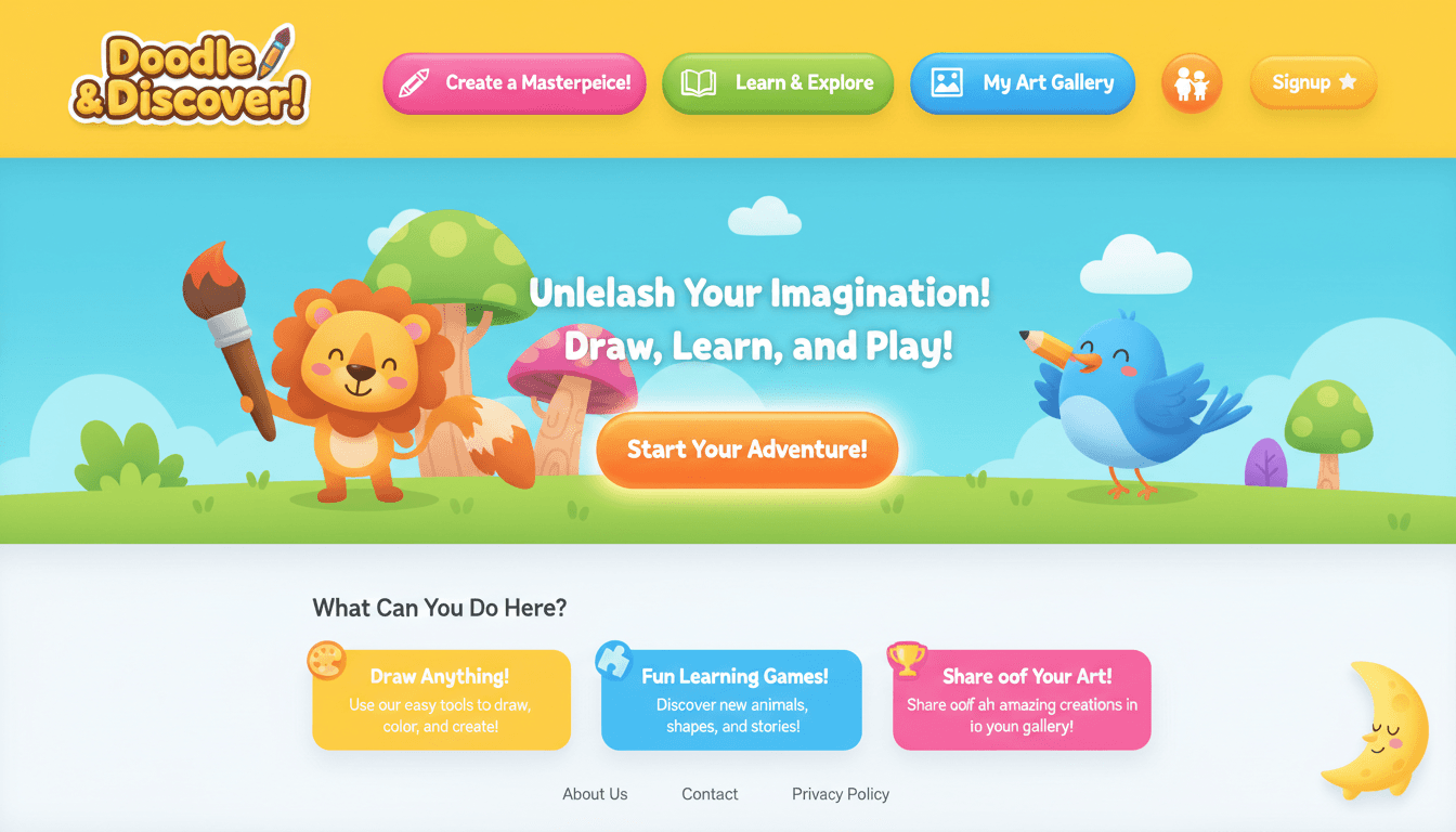 무료 일러스트 웹사이트의 명랑하고 어린이 친화적인 인터페이스.