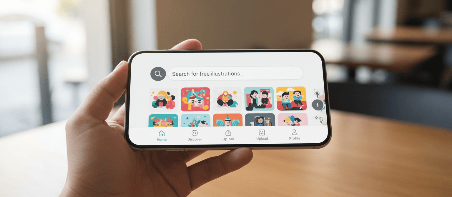 무료 일러스트 사이트의 모바일 인터페이스를 보여주는 스마트폰을 든 손.