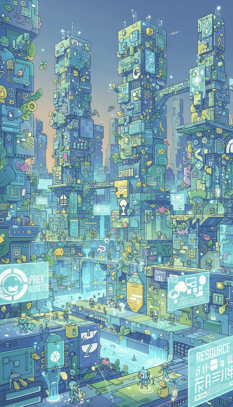 무료 일러스트레이션으로 건물이 지어진 디지털 도시 풍경 속을 작은 사람들이 움직이는 모습.