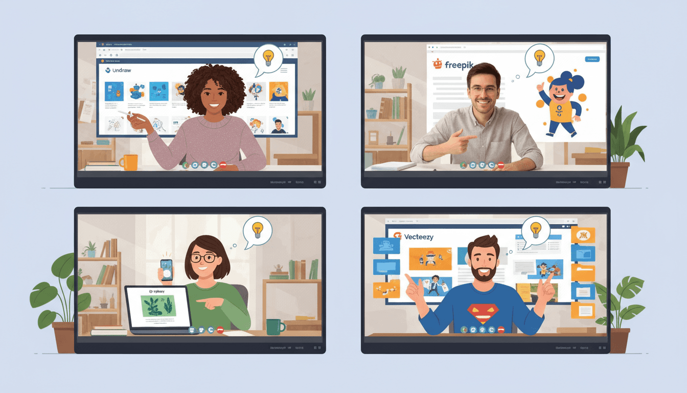 원격으로 협업하며 무료 일러스트 웹사이트를 사용하고 다운로드한 그래픽을 공유하는 사람들.