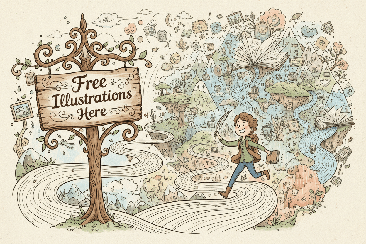 무료 일러스트 풍경을 탐험하는 사람을 묘사한, 기발하고 손으로 그린 일러스트.