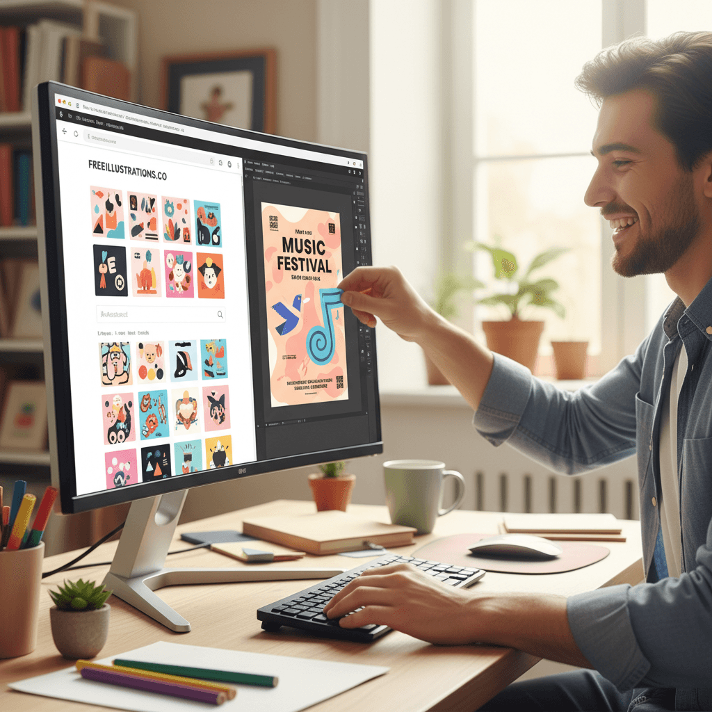 디자이너가 웹사이트에서 무료 일러스트를 디자인 캔버스에 끌어다 놓는 모습.