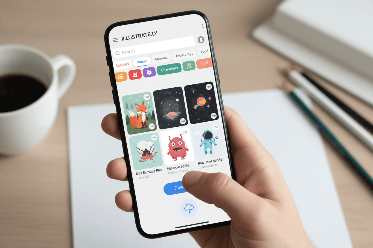 무료 일러스트 웹사이트의 모바일 인터페이스를 보여주는 스마트폰.
