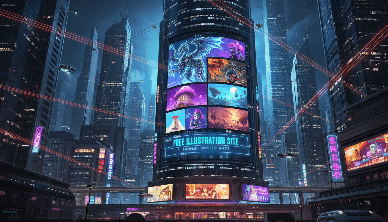 밤의 미래 도시 풍경, '무료 일러스트 사이트'를 광고하는 디지털 빌보드.