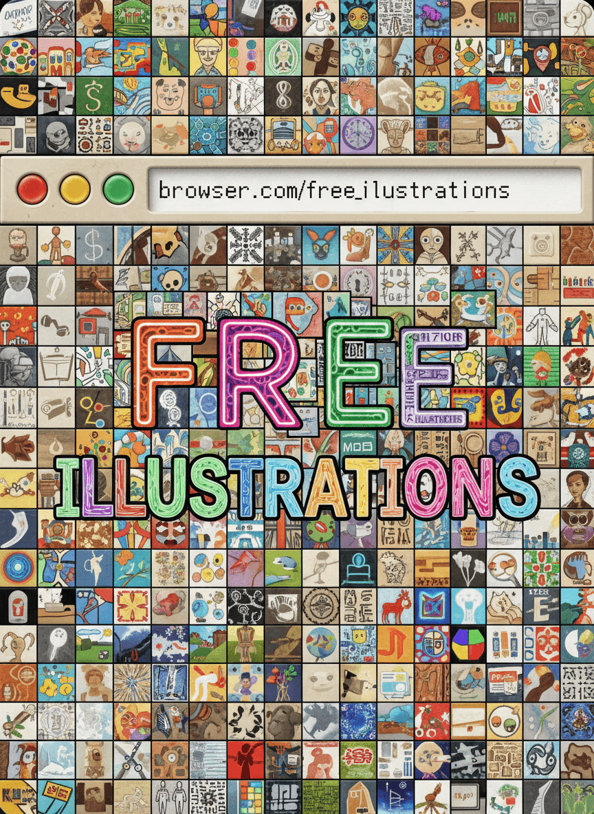 다양한 일러스트 스타일의 모자이크로 '무료 일러스트' 웹 브라우저 창을 형성.