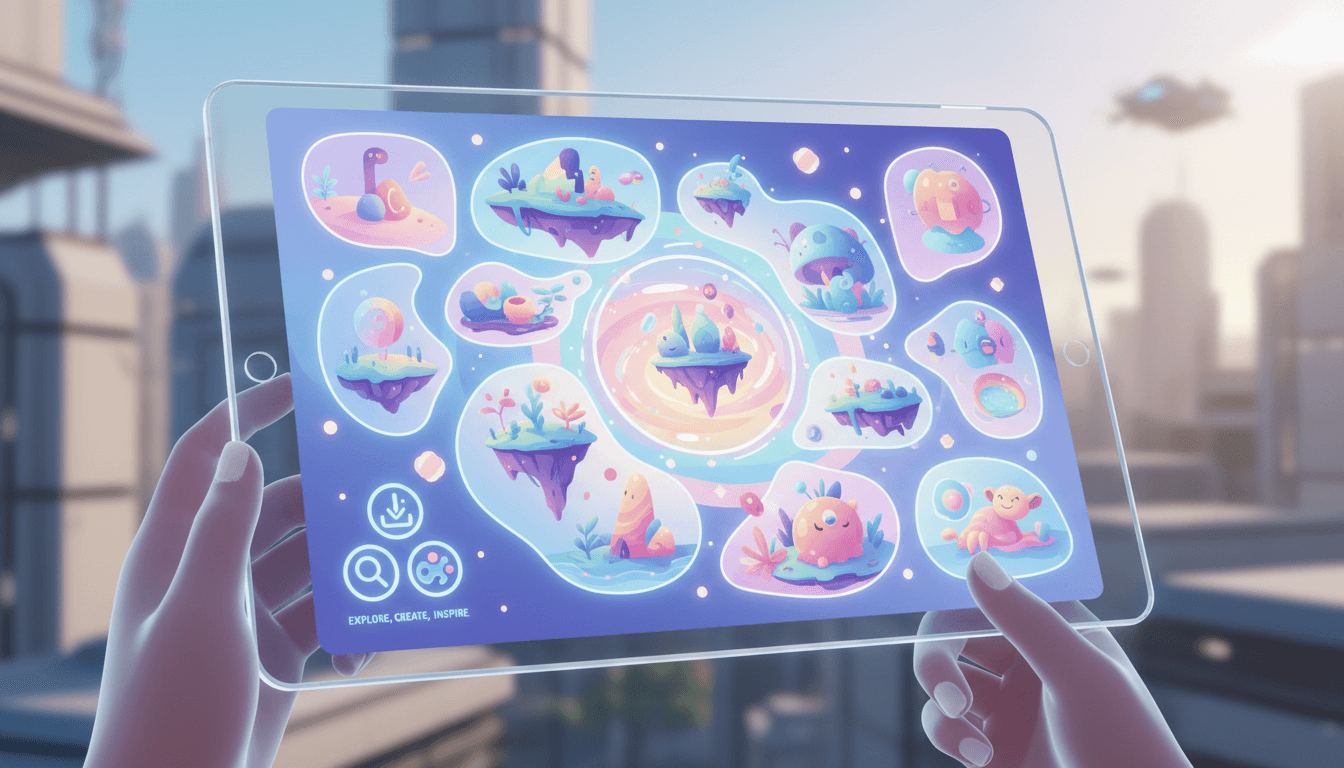 기발한 무료 일러스트레이션과 다양한 사이트 아이콘이 표시된 스타일리시하고 미래적인 태블릿 인터페이스.