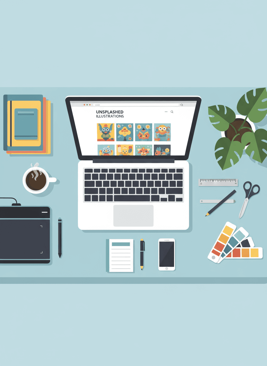 무료 일러스트 웹사이트가 열려 있는 노트북이 있는 창의적인 작업 공간.