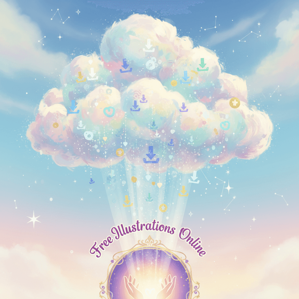 무료 일러스트 포털에서 나온 다운로드 아이콘이 떠다니는 기발한 창의적 아이디어 구름.