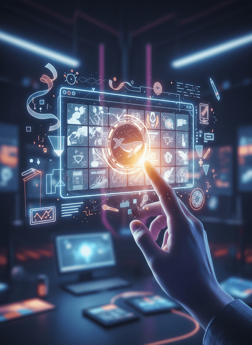 미래지향적인 무료 일러스트 웹사이트에서 일러스트를 선택하는 손.