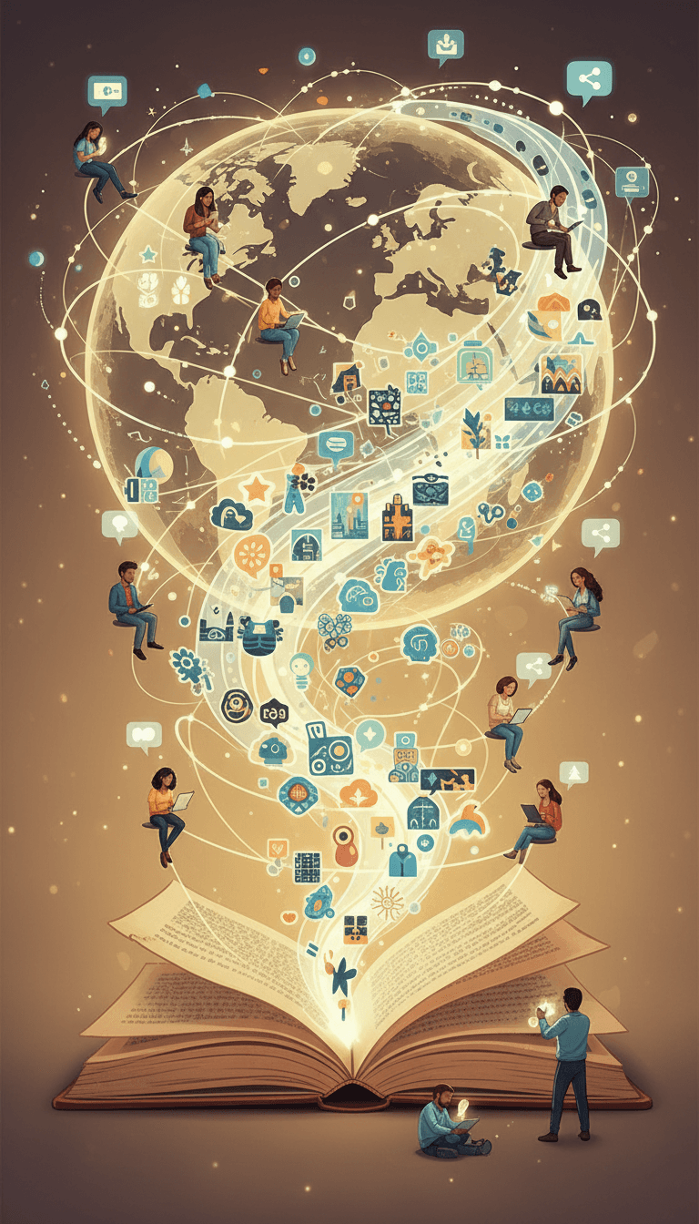 세계적인 공유 커뮤니티를 상징하며, 열린 책에서 흘러나오는 무료 디지털 일러스트.