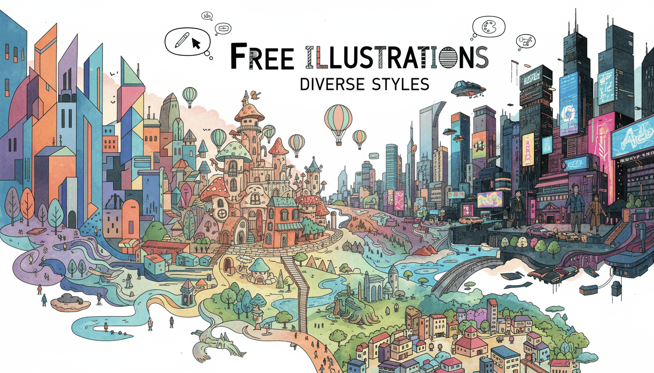다양한 일러스트 스타일로 구성된 도시 경관 (무료 일러스트 플랫폼 상징).