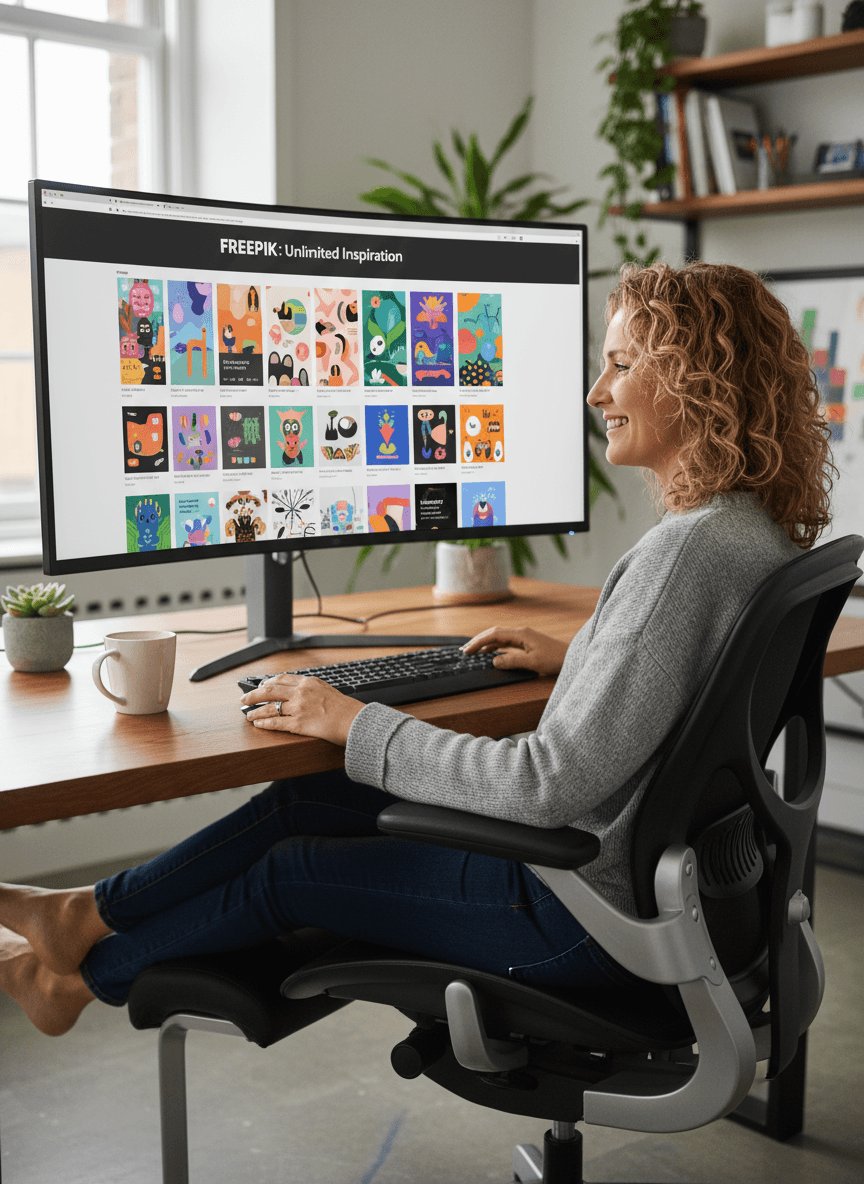 커다란 곡면 모니터로 무료 일러스트 사이트를 편안하게 탐색하는 미소 짓는 크리에이티브 전문가.