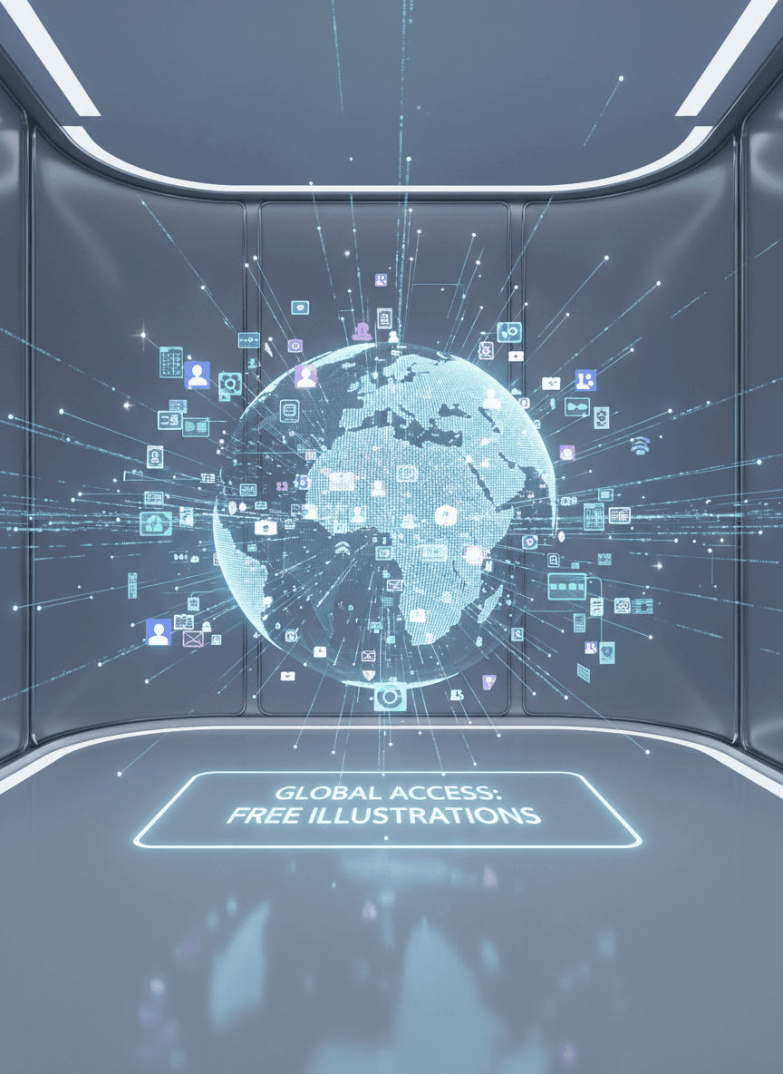 디지털 일러스트를 발산하는 빛나는 지구본, 무료 콘텐츠의 전 세계적 접근을 상징.