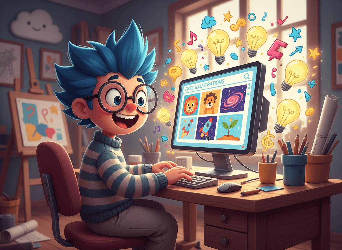 책상에 앉아 프로젝트에 필요한 무료 일러스트를 열정적으로 찾는 만화 캐릭터.