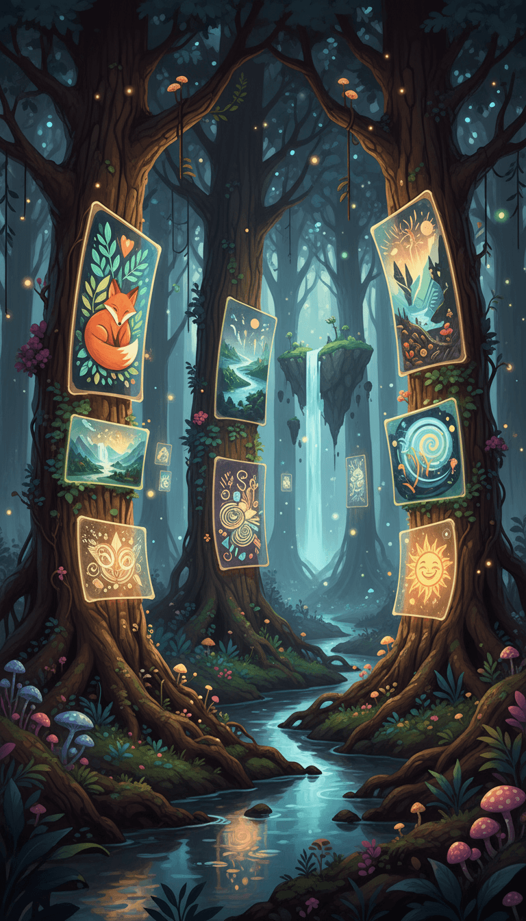 나무 줄기에 화면이 박혀 있어 다양한 무료 일러스트레이션을 보여주는 마법의 숲.